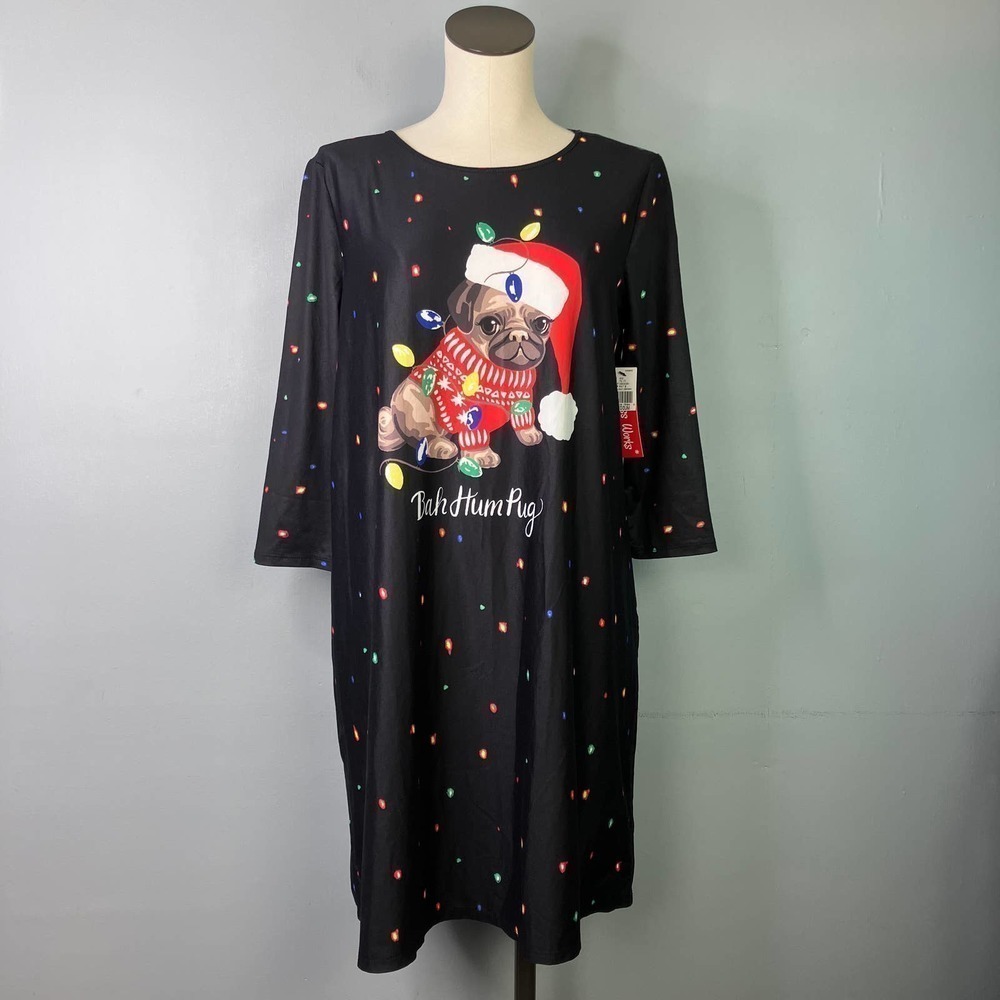 Dress Works Bah Hum Pug Christmas Holiday Scrooge Dog Festive Lights Dress Sz M